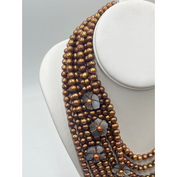MultiStrand  Chocolate Pearls‎ Brown Copper-colored pearls Pearl Bib necklace - Picture 12 of 14